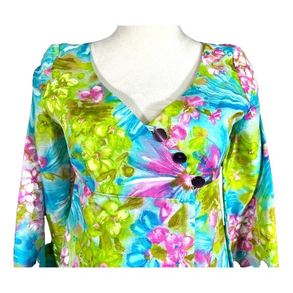 VINTAGE 70s Bright Floral Handmade Baby  Doll Tunic Pant Set Womens Bell Bottom - Picture 3 of 16